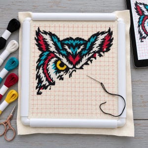 Owl cross stitch in progress in a Q-snap frame