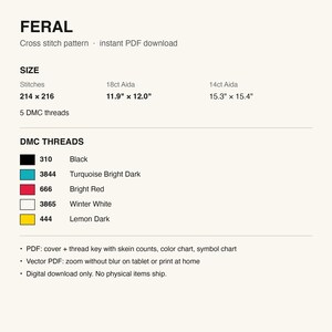 Pattern details: stitch count, finished size and DMC thread list