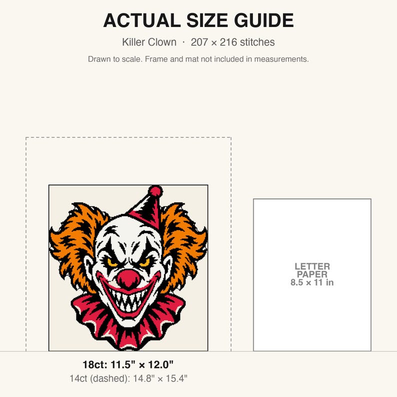 Może przedstawiać: Przewodnik po rozmiarach wzoru do haftu krzyżykowego Killer Clown o wymiarach 207 x 216 ścieg&oacute;w. Grafika przedstawia klauna z pomarańczowymi włosami, czerwonym nosem i wyszczerzonym uśmiechem. Wymiary to 29,2 x 30,5 cm dla 18ct i 37,6 x 39,1 cm dla 14ct.