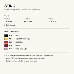 Pattern details: stitch count, finished size and DMC thread list