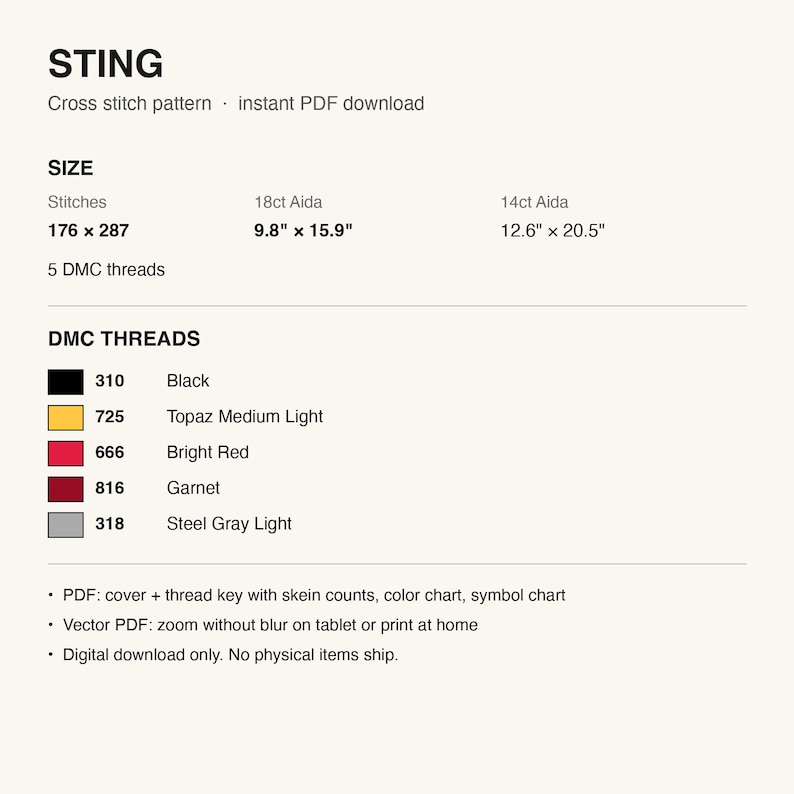 Pattern details: stitch count, finished size and DMC thread list