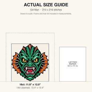 May include: An actual size guide for a Gill Man cross stitch pattern featuring a green creature with orange fins and yellow eyes. Text includes 'ACTUAL SIZE GUIDE', 'Gill Man', '215 x 216 stitches', '18ct: 11.9" x 12.0"', '14ct: 15.4" x 15.4"', and 'LETTER PAPER 8.5 x 11 in'.