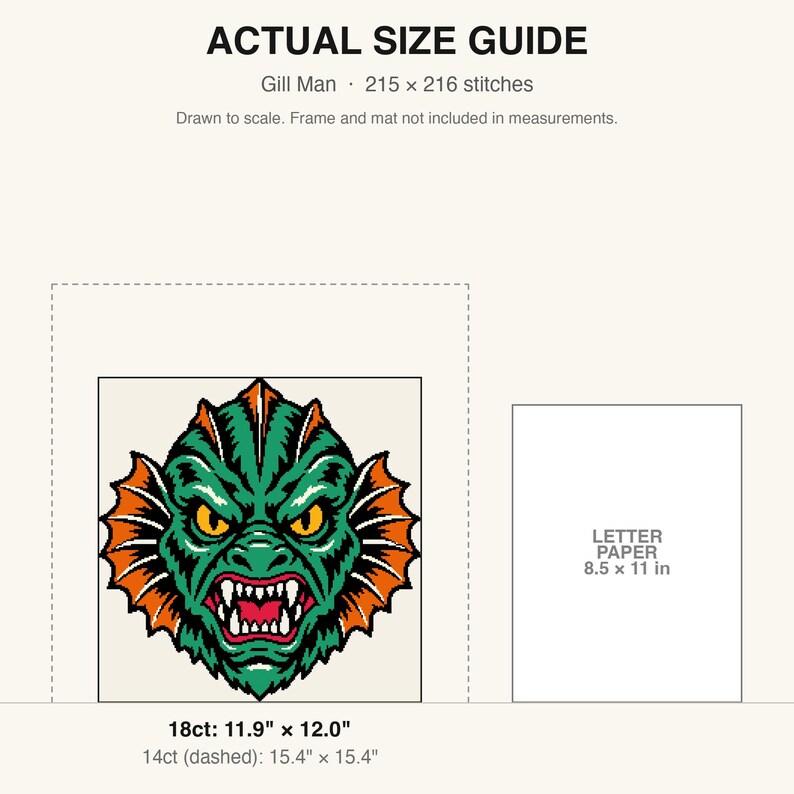 May include: An actual size guide for a Gill Man cross stitch pattern featuring a green creature with orange fins and yellow eyes. Text includes 'ACTUAL SIZE GUIDE', 'Gill Man', '215 x 216 stitches', '18ct: 11.9" x 12.0"', '14ct: 15.4" x 15.4"', and 'LETTER PAPER 8.5 x 11 in'.