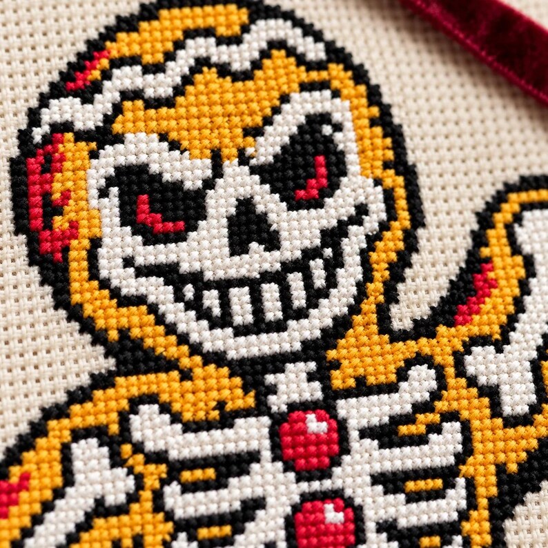 Macro of the stitched skull face and gumdrop buttons