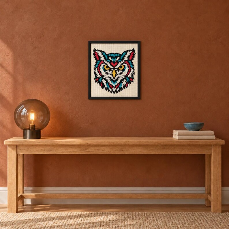 Framed owl tattoo flash cross stitch on a wall