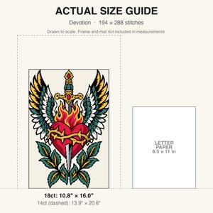 True-to-scale size guide comparing the finished piece to a sheet of letter paper