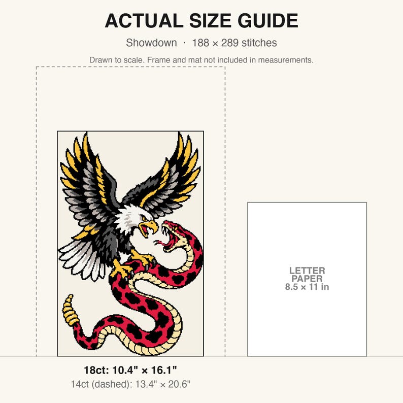 True-to-scale size guide comparing the finished piece to a sheet of letter paper