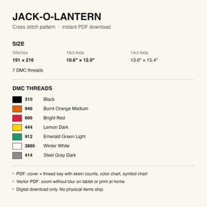 Pattern details: stitch count, finished size and DMC thread list