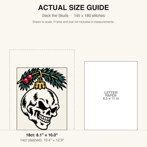 True-to-scale size guide comparing the finished piece to a sheet of letter paper
