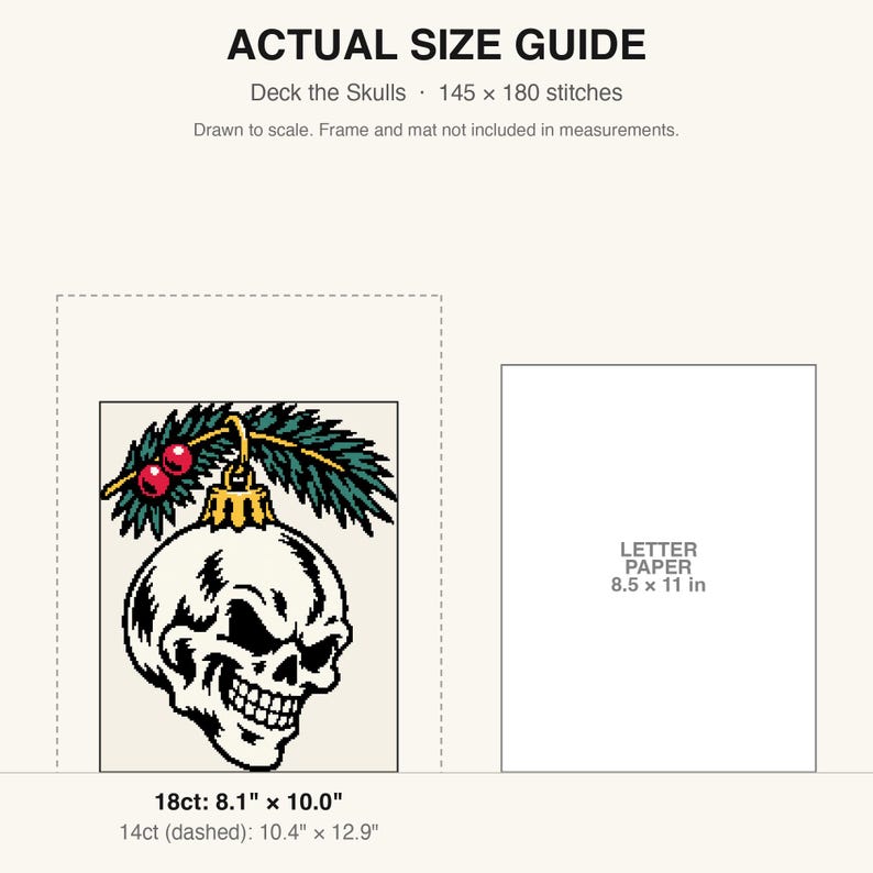 True-to-scale size guide comparing the finished piece to a sheet of letter paper