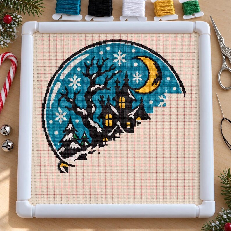 Snow globe cross stitch in progress in a Q-snap frame