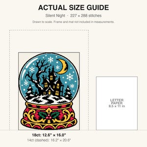 True-to-scale size guide comparing the finished piece to a sheet of letter paper