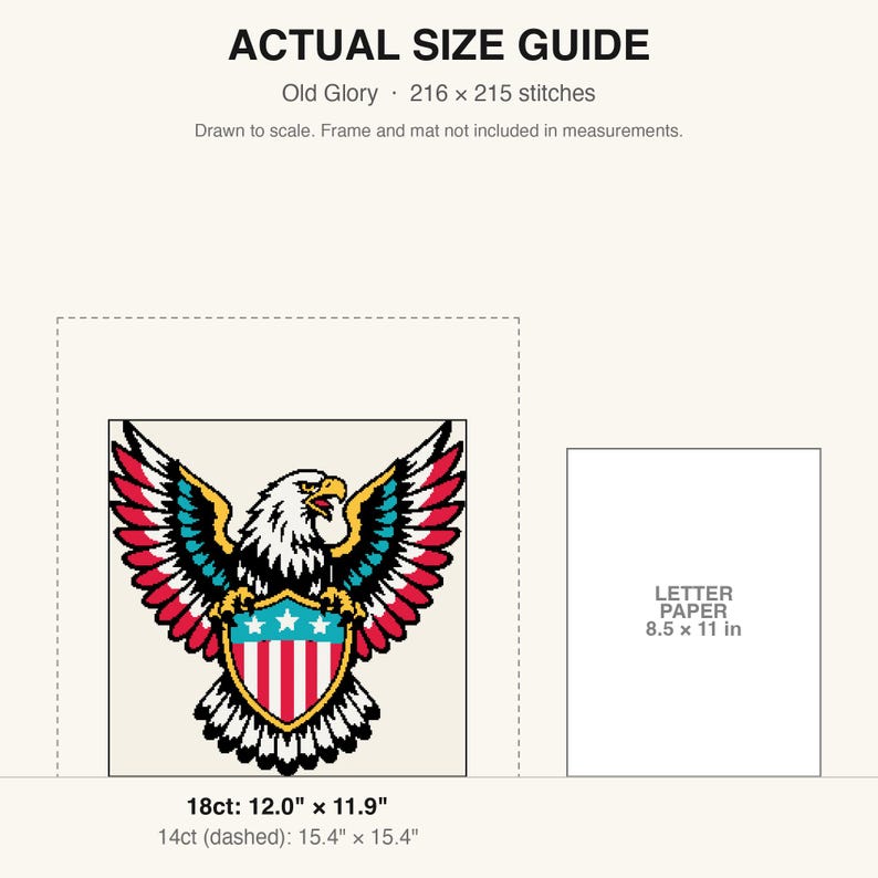 True-to-scale size guide comparing the finished piece to a sheet of letter paper