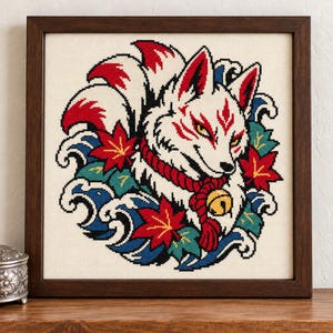 Kitsune Fox Cross Stitch Pattern + Coloring Page, Japanese Irezumi Tattoo Flash Fox With Maple Leaves and Waves (PDF, OXS) image 1