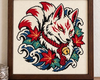 Kitsune Fox Cross Stitch Pattern + Coloring Page, Japanese Irezumi Tattoo Flash Fox With Maple Leaves and Waves (PDF, OXS)