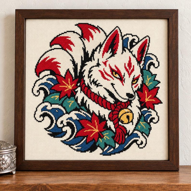 Kitsune Fox Cross Stitch Pattern + Coloring Page, Japanese Irezumi Tattoo Flash Fox With Maple Leaves and Waves (PDF, OXS) image 1