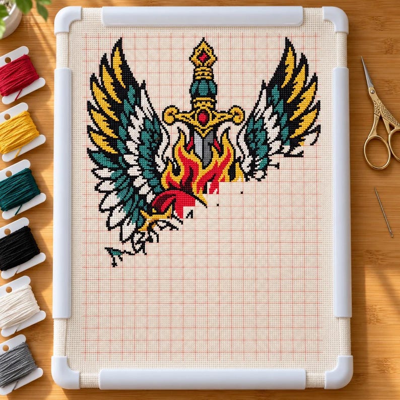 Sacred heart cross stitch in progress in a Q-snap frame