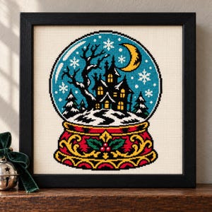 Haunted House Snow Globe Cross Stitch Pattern, Gothic Christmas Tattoo Flash (PDF, OXS)