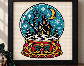 Haunted House Snow Globe Cross Stitch Pattern, Gothic Christmas Tattoo Flash (PDF, OXS)