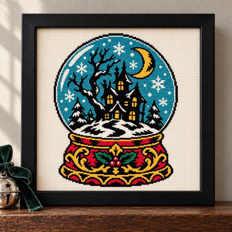 Straight-on view of the finished Haunted House Snow Globe Cross Stitch in a black frame on a wooden shelf