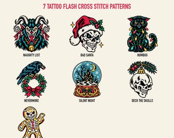 Christmas Cross Stitch Pattern Bundle, 7 Gothic Christmas Tattoo Flash Patterns, Krampus, Skull Santa (PDF, OXS)