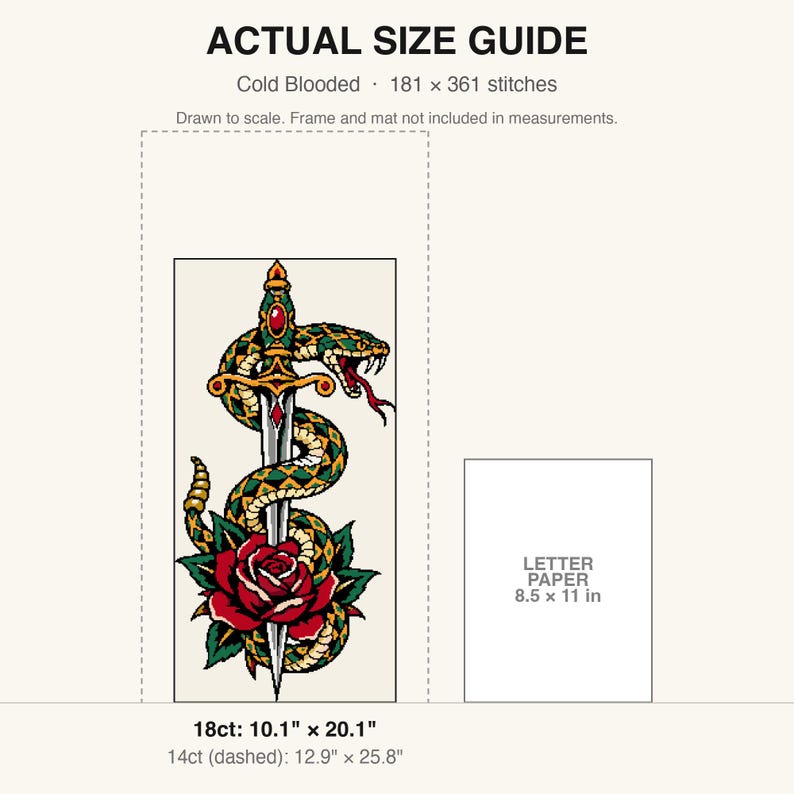 True-to-scale size guide comparing the finished piece to a sheet of letter paper