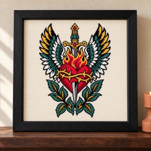 Sacred Heart Cross Stitch Pattern, Vintage Tattoo Flash Art (PDF, OXS)