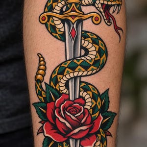 The same snake and dagger design as a real tattoo on a forearm, next to the cross stitch version
