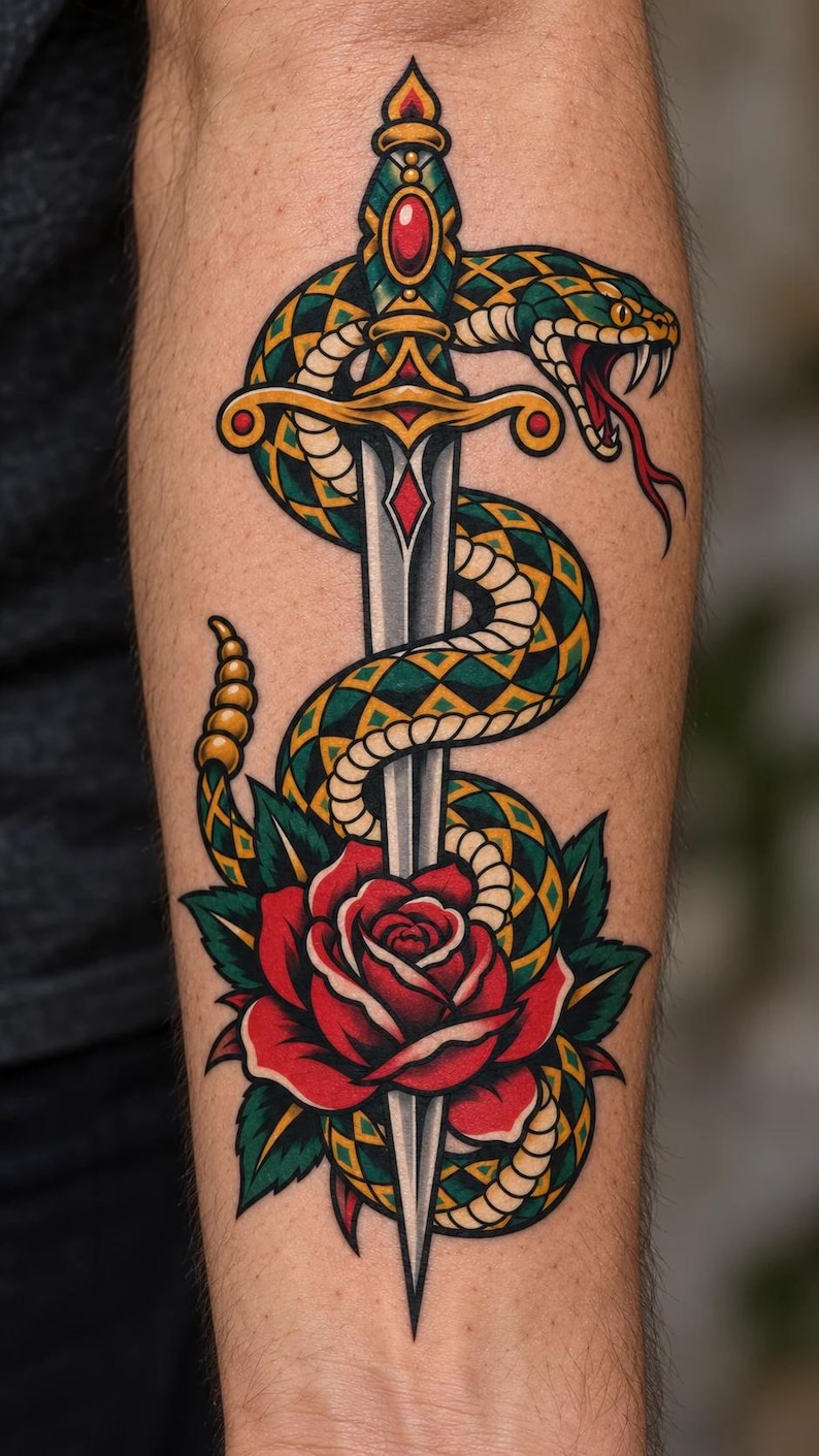 The same snake and dagger design as a real tattoo on a forearm, next to the cross stitch version