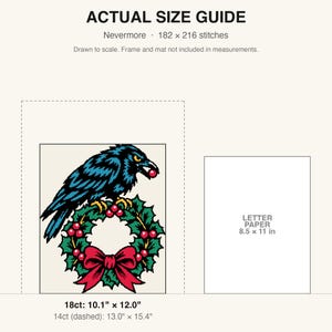 True-to-scale size guide comparing the finished piece to a sheet of letter paper