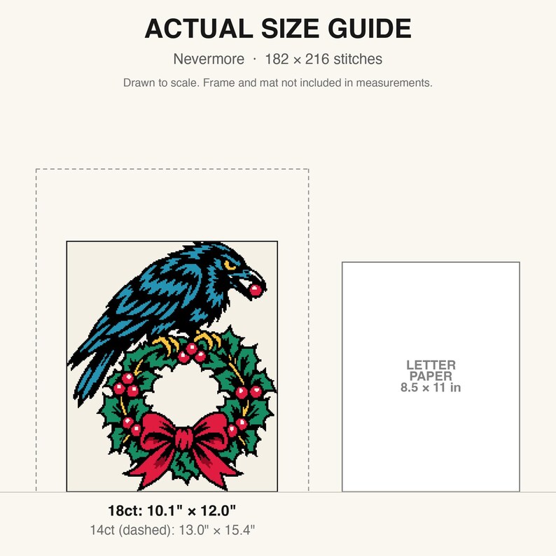 True-to-scale size guide comparing the finished piece to a sheet of letter paper
