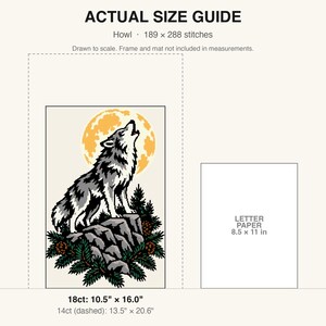 True-to-scale size guide comparing the finished piece to a sheet of letter paper