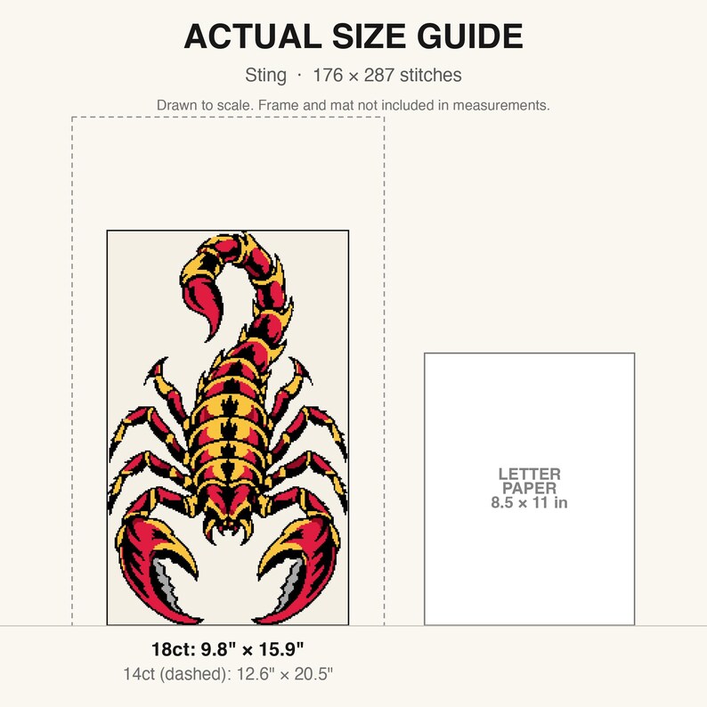 True-to-scale size guide comparing the finished piece to a sheet of letter paper