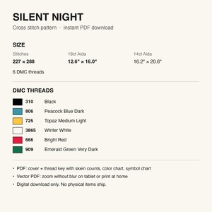 Pattern details: stitch count, finished size and DMC thread list