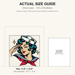 True-to-scale size guide comparing the finished piece to a sheet of letter paper