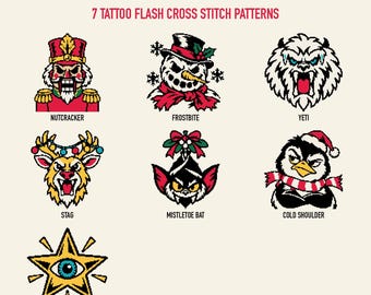 Christmas Cross Stitch Pattern Bundle, 7 Mini Gothic Christmas Ornaments, Nutcracker, Yeti, Snowman (PDF, OXS)