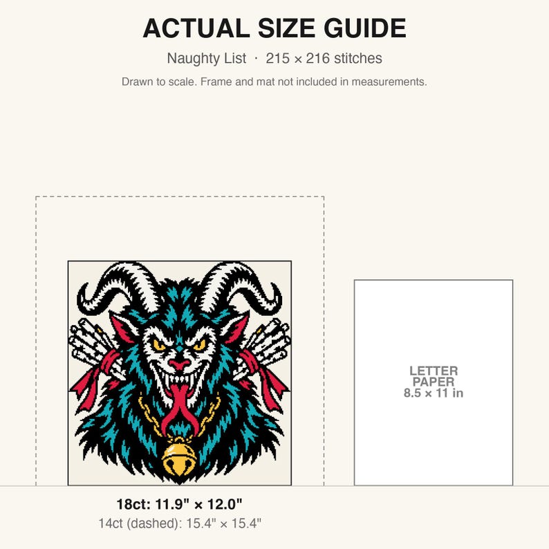 True-to-scale size guide comparing the finished piece to a sheet of letter paper