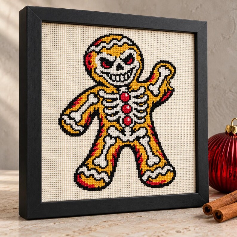Gingerbread skeleton cross stitch in a black frame on a shelf