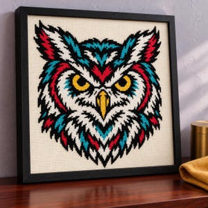 Owl cross stitch in a black frame on a shelf