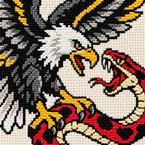 Macro of the stitched eagle head facing the striking snake