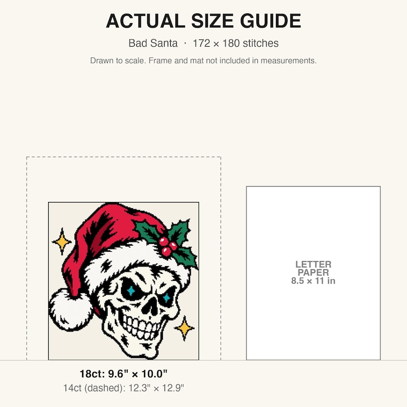 True-to-scale size guide comparing the finished piece to a sheet of letter paper