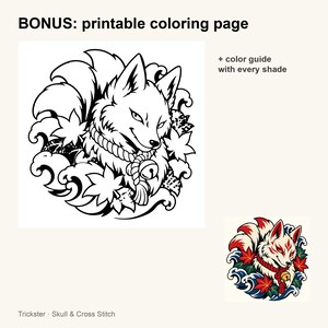 Kitsune Fox Cross Stitch Pattern + Coloring Page, Japanese Irezumi Tattoo Flash Fox With Maple Leaves and Waves (PDF, OXS) image 6