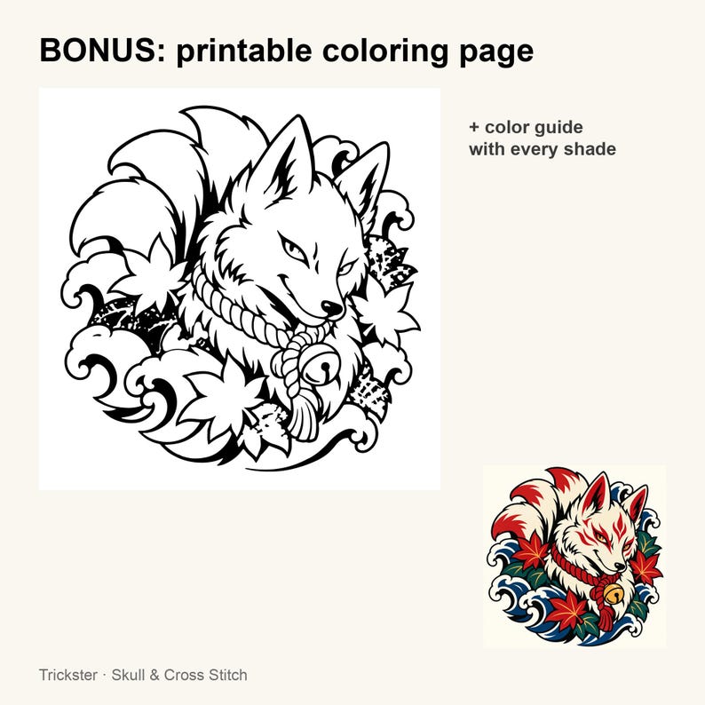 Kitsune Fox Cross Stitch Pattern + Coloring Page, Japanese Irezumi Tattoo Flash Fox With Maple Leaves and Waves (PDF, OXS) image 6
