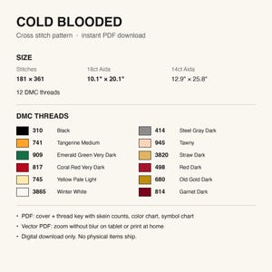 Pattern details: stitch count, finished size and DMC thread list