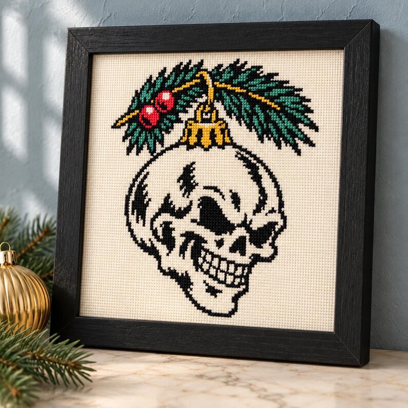 Skull ornament cross stitch in a black frame on a shelf