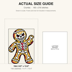 True-to-scale size guide comparing the finished piece to a sheet of letter paper