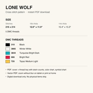Pattern details: stitch count, finished size and DMC thread list