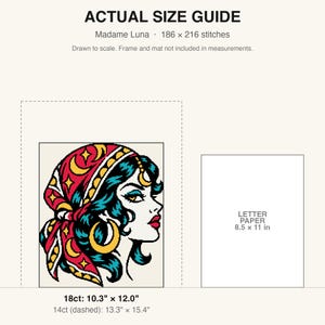 True-to-scale size guide comparing the finished piece to a sheet of letter paper