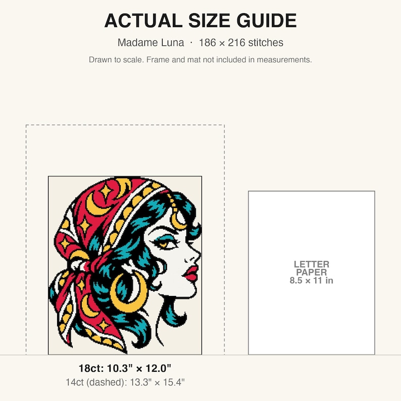 True-to-scale size guide comparing the finished piece to a sheet of letter paper