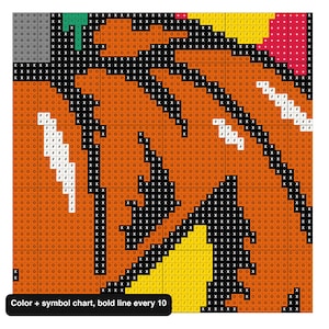 May include: A cross-stitch pattern chart featuring a grid of squares with symbols and colors including orange, black, yellow, white, green, and pink. The design includes bold lines every ten squares and the text Color + symbol chart, bold line every 10.